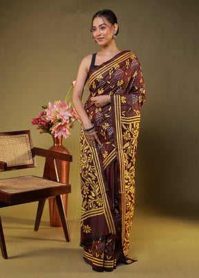 Purple Kantha Stitch Silk Saree With Blouse Piece