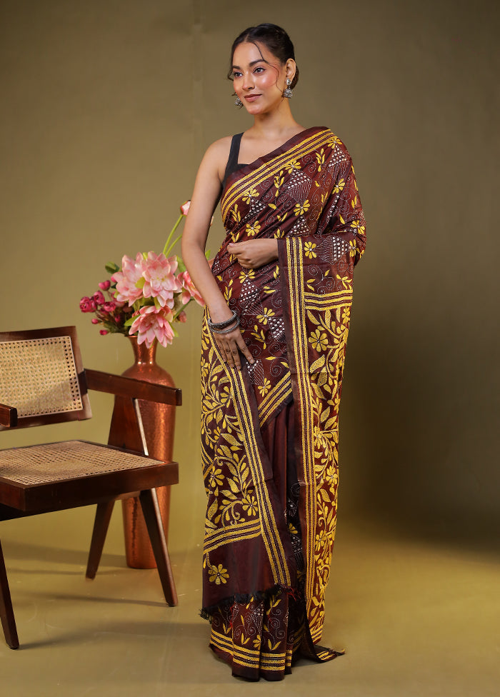 Purple Kantha Stitch Silk Saree With Blouse Piece