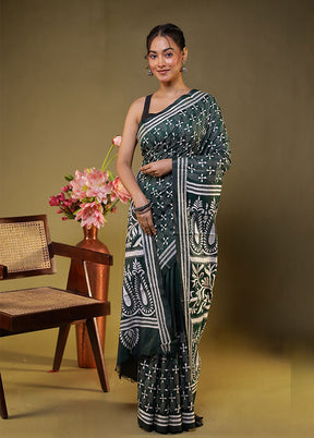 Green Kantha Stitch Silk Saree With Blouse Piece