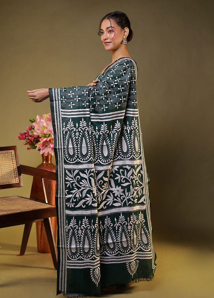Green Kantha Stitch Silk Saree With Blouse Piece