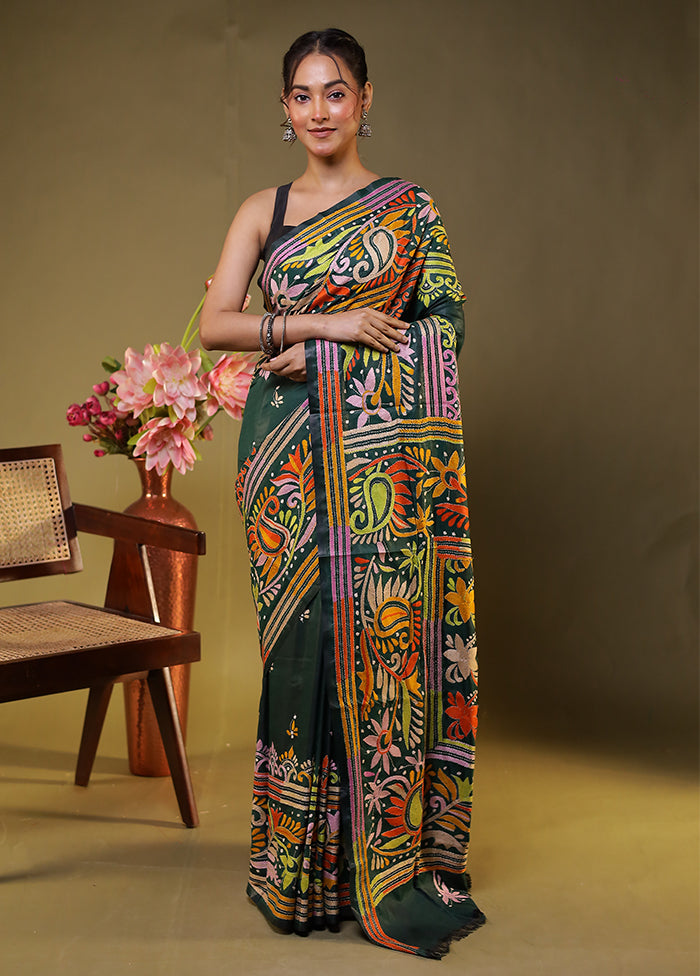 Green Kantha Stitch Silk Saree With Blouse Piece