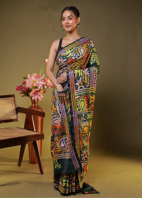 Green Kantha Stitch Silk Saree With Blouse Piece
