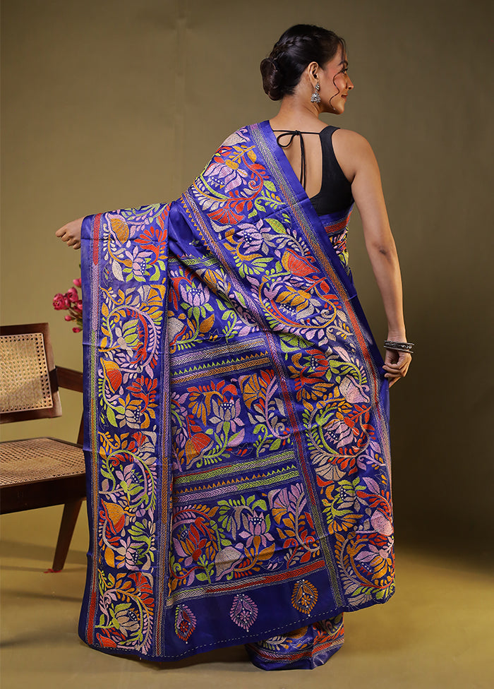 Blue Kantha Stitch Silk Saree With Blouse Piece
