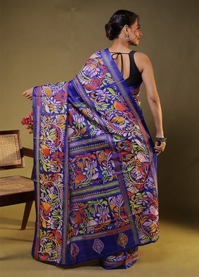 Blue Kantha Stitch Silk Saree With Blouse Piece