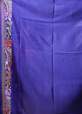 Blue Kantha Stitch Silk Saree With Blouse Piece