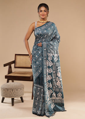 Green Kantha Stitch Silk Saree With Blouse Piece