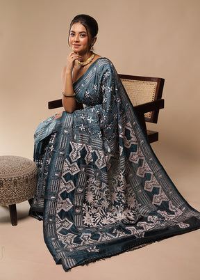 Green Kantha Stitch Silk Saree With Blouse Piece