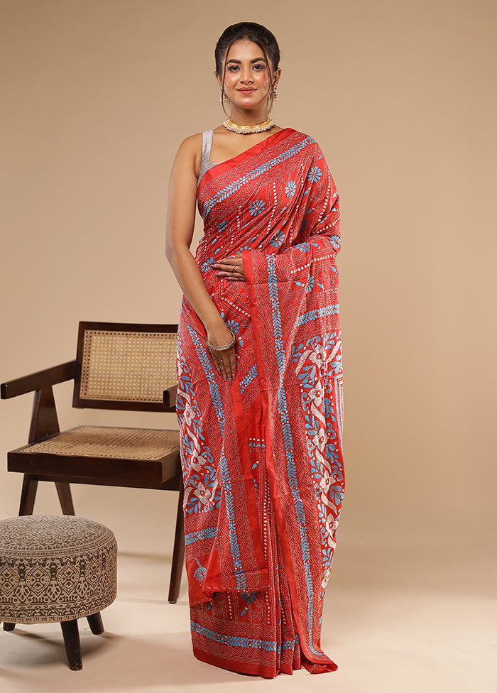 Red Kantha Stitch Silk Saree With Blouse Piece