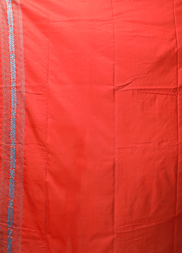 Red Kantha Stitch Silk Saree With Blouse Piece