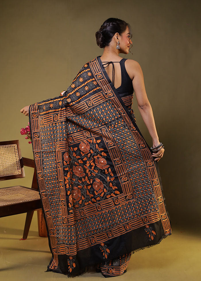 Black Kantha Stitch Silk Saree With Blouse Piece