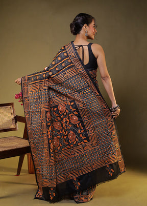 Black Kantha Stitch Silk Saree With Blouse Piece