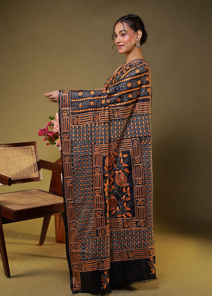 Black Kantha Stitch Silk Saree With Blouse Piece
