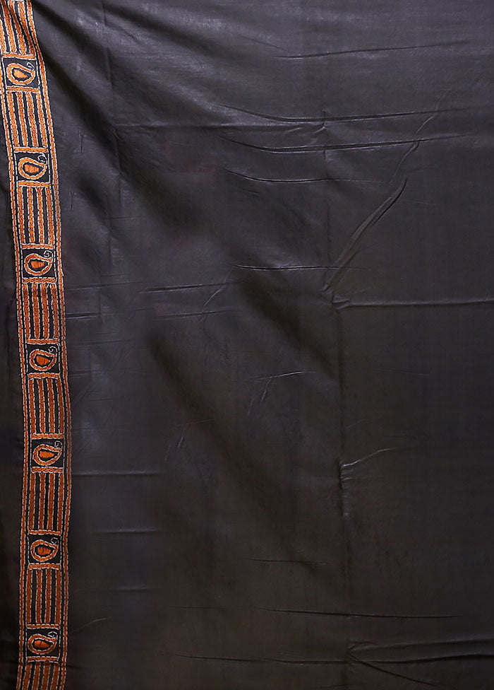 Black Kantha Stitch Silk Saree With Blouse Piece