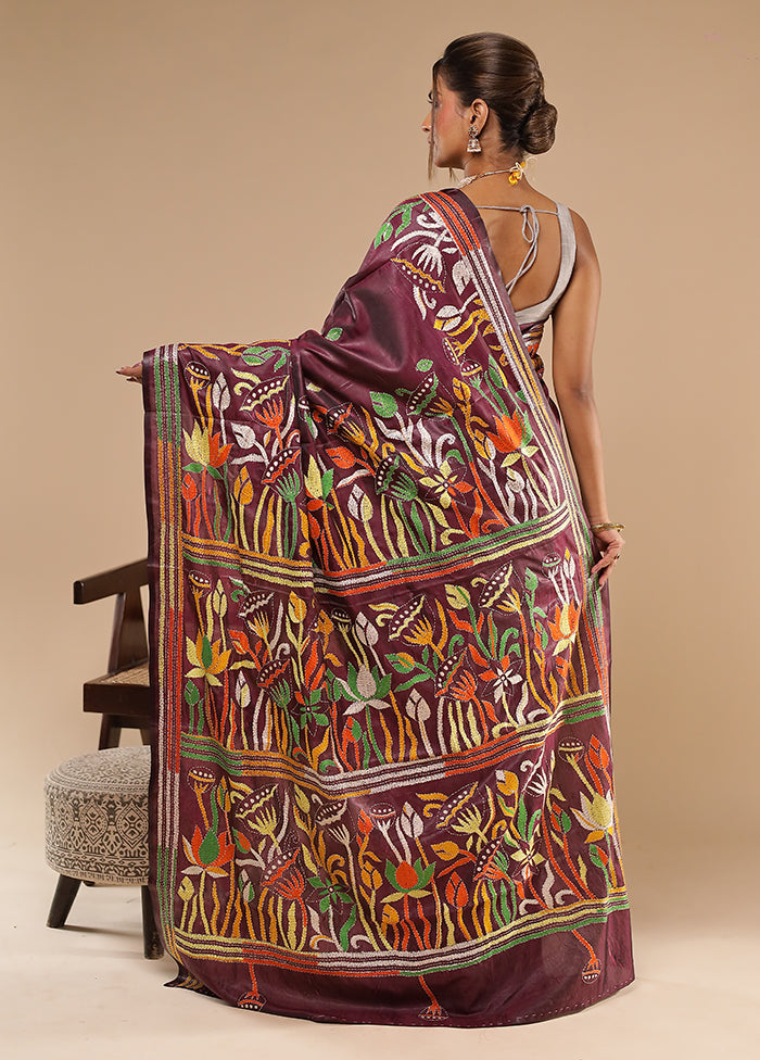 Purple Kantha Stitch Silk Saree With Blouse Piece