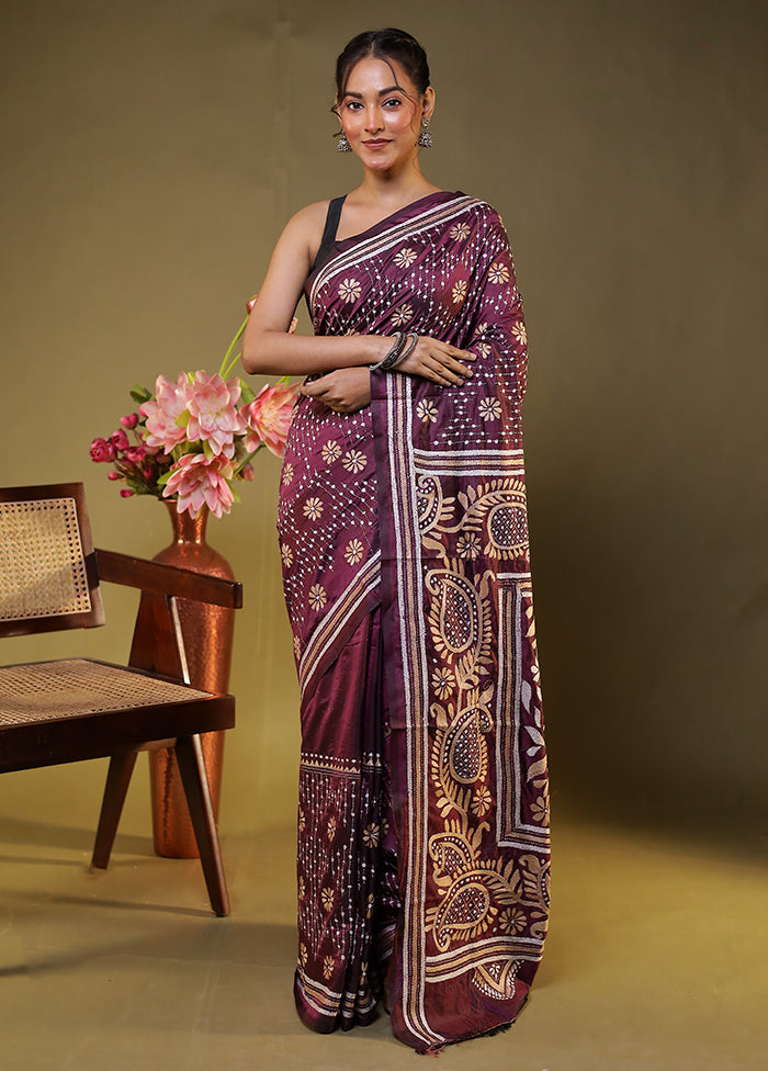 Purple Kantha Stitch Silk Saree With Blouse Piece