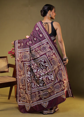 Purple Kantha Stitch Silk Saree With Blouse Piece