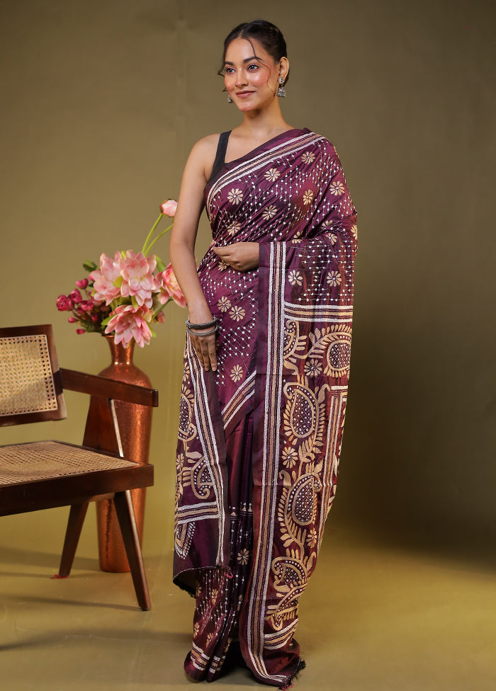 Purple Kantha Stitch Silk Saree With Blouse Piece
