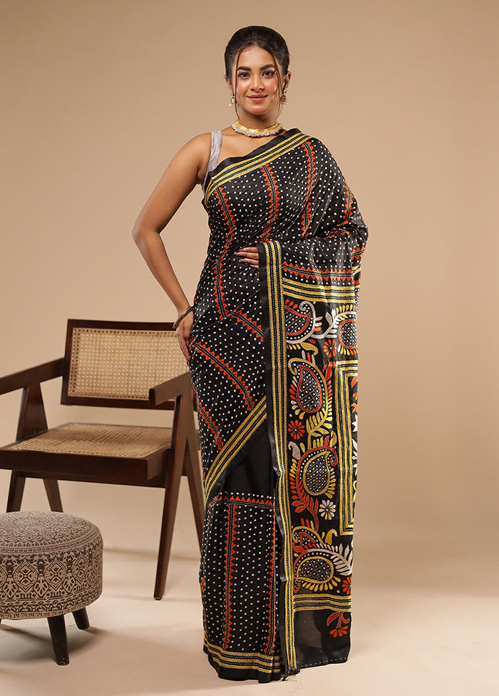 Black Kantha Stitch Silk Saree With Blouse Piece