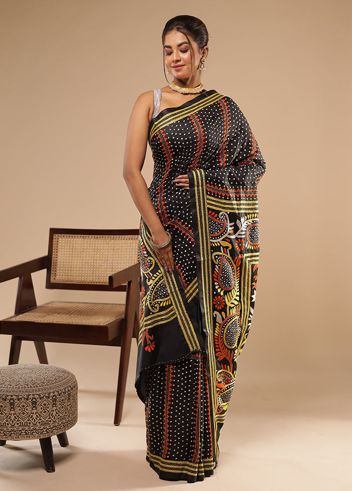 Black Kantha Stitch Silk Saree With Blouse Piece