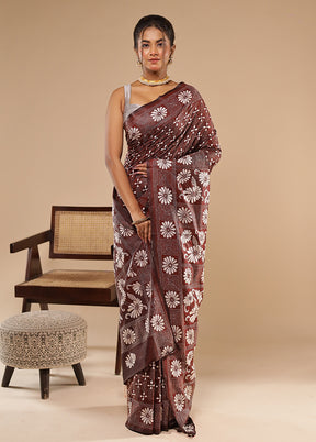 Purple Kantha Stitch Silk Saree With Blouse Piece