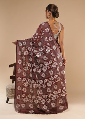 Purple Kantha Stitch Silk Saree With Blouse Piece