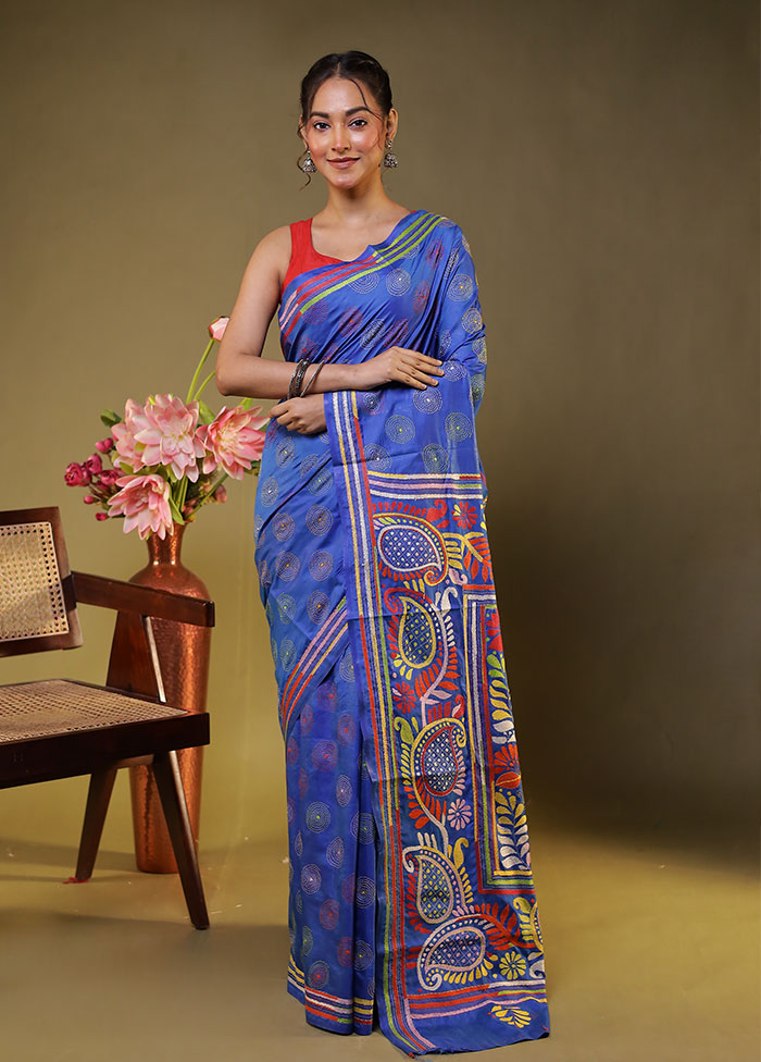 Blue Kantha Stitch Silk Saree With Blouse Piece