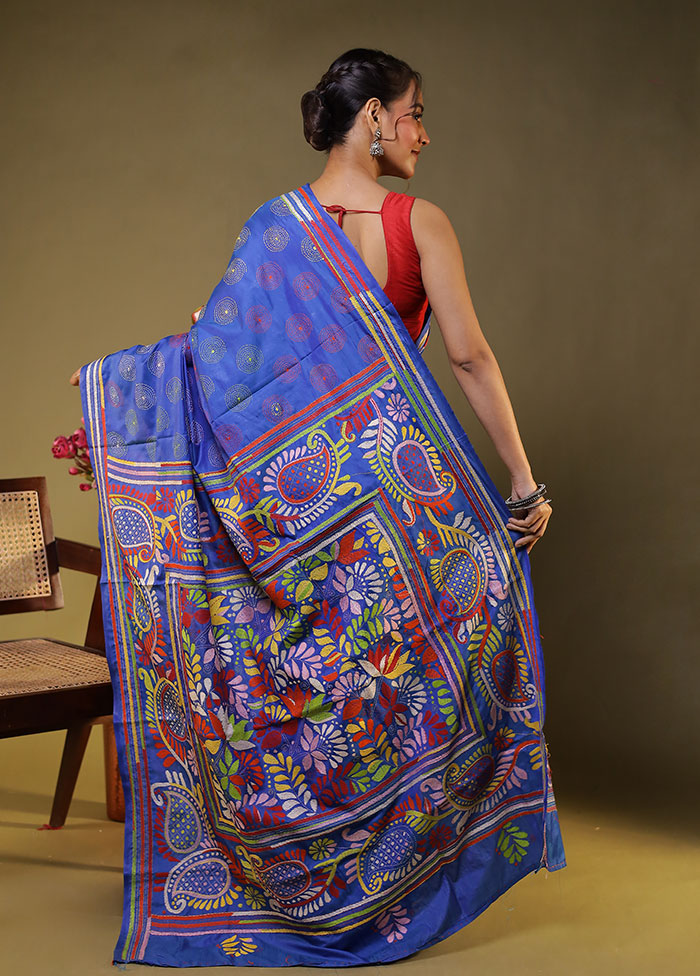 Blue Kantha Stitch Silk Saree With Blouse Piece