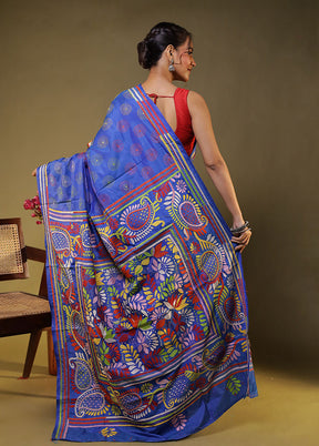 Blue Kantha Stitch Silk Saree With Blouse Piece