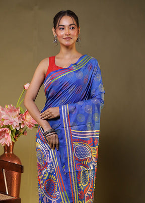 Blue Kantha Stitch Silk Saree With Blouse Piece