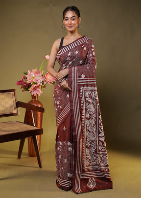 Maroon Kantha Stitch Silk Saree With Blouse Piece