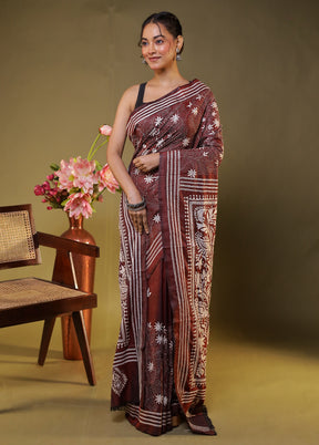 Maroon Kantha Stitch Silk Saree With Blouse Piece