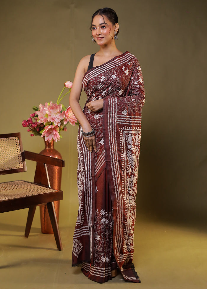 Maroon Kantha Stitch Silk Saree With Blouse Piece