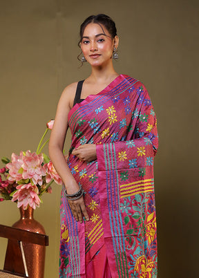 Pink Kantha Stitch Silk Saree With Blouse Piece