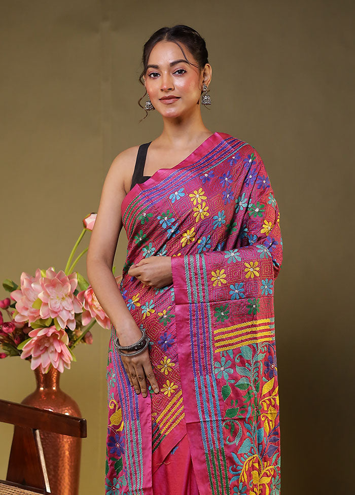Pink Kantha Stitch Silk Saree With Blouse Piece