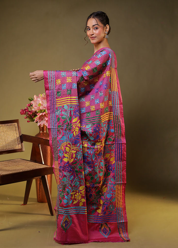 Pink Kantha Stitch Silk Saree With Blouse Piece