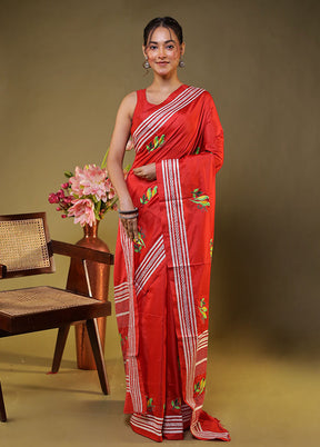 Maroon Kantha Stitch Silk Saree With Blouse Piece