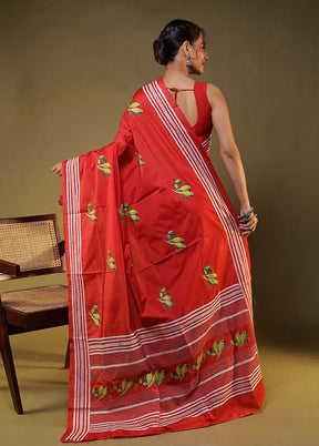 Maroon Kantha Stitch Silk Saree With Blouse Piece