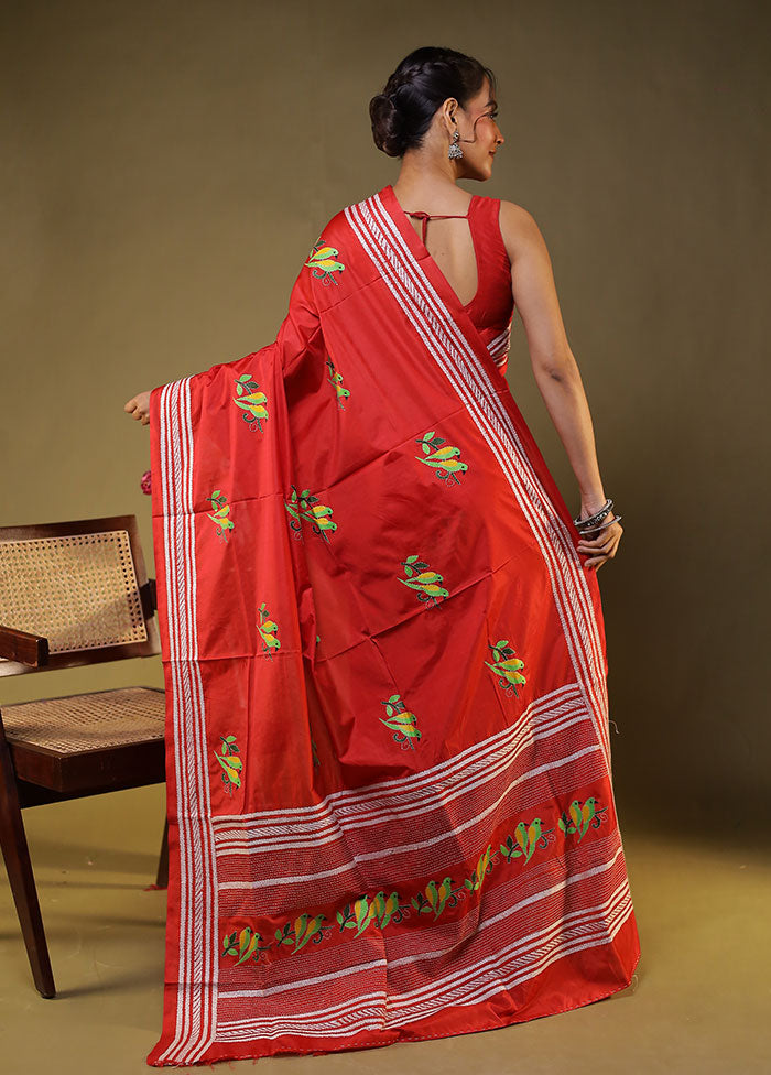 Maroon Kantha Stitch Silk Saree With Blouse Piece