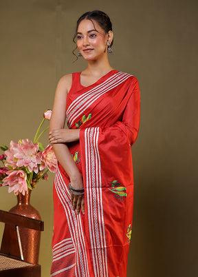 Maroon Kantha Stitch Silk Saree With Blouse Piece