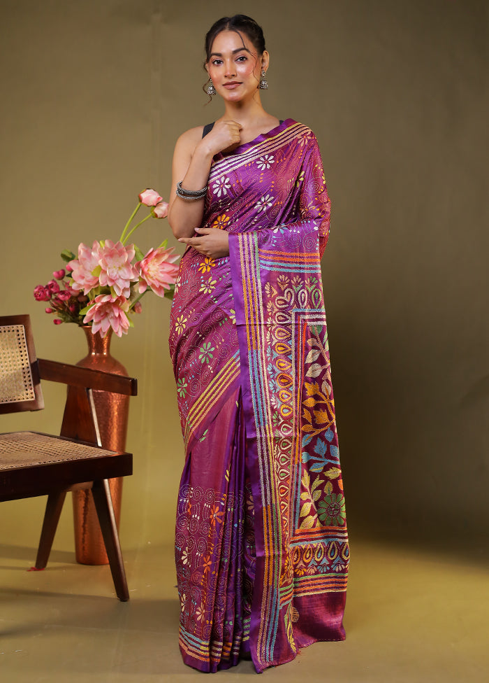 Purple Kantha Stitch Silk Saree With Blouse Piece