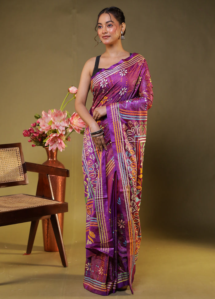 Purple Kantha Stitch Silk Saree With Blouse Piece