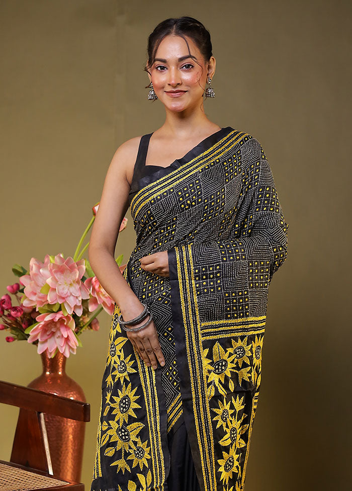 Black Kantha Stitch Silk Saree With Blouse Piece