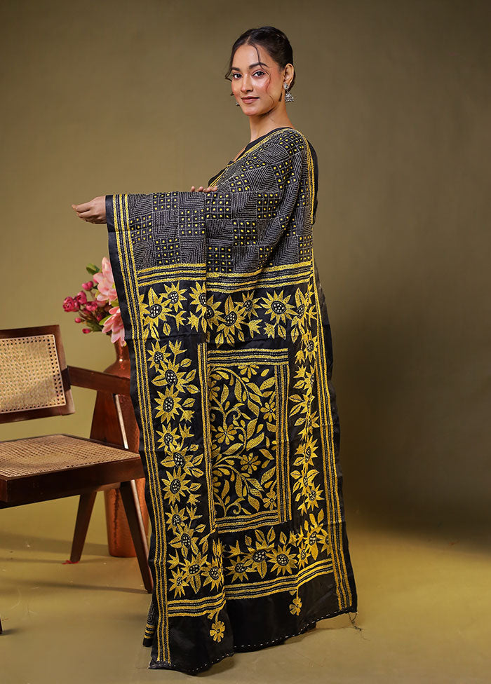 Black Kantha Stitch Silk Saree With Blouse Piece