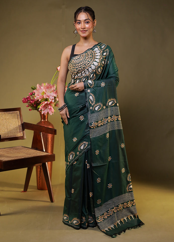 Green Kantha Stitch Silk Saree With Blouse Piece