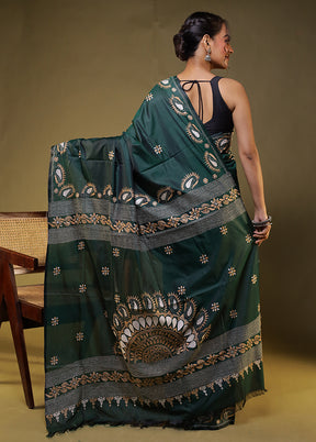 Green Kantha Stitch Silk Saree With Blouse Piece