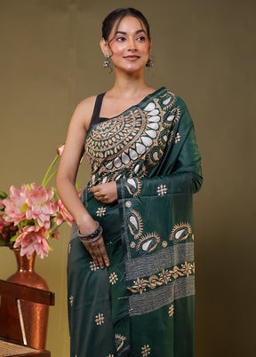 Green Kantha Stitch Silk Saree With Blouse Piece