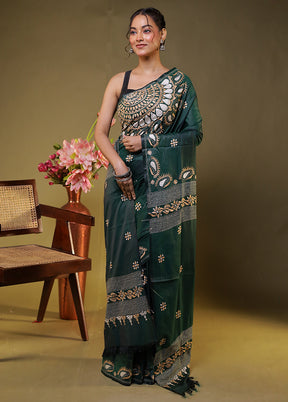 Green Kantha Stitch Silk Saree With Blouse Piece