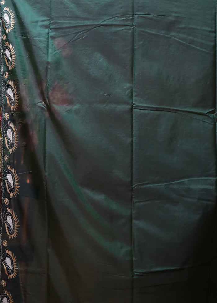 Green Kantha Stitch Silk Saree With Blouse Piece