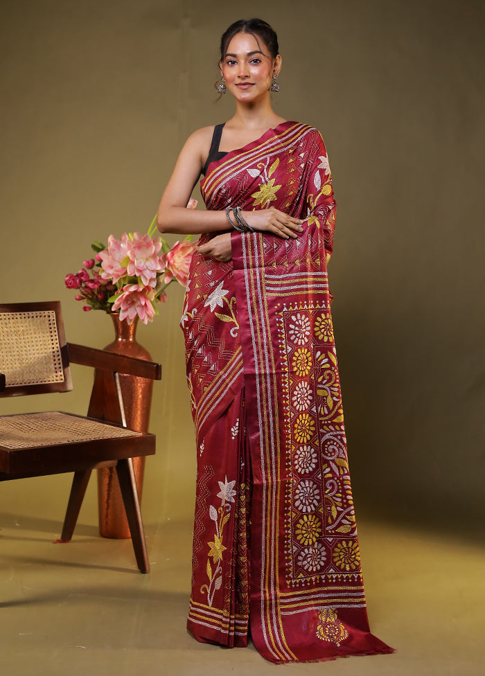 Maroon Kantha Stitch Silk Saree With Blouse Piece