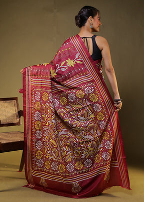 Maroon Kantha Stitch Silk Saree With Blouse Piece